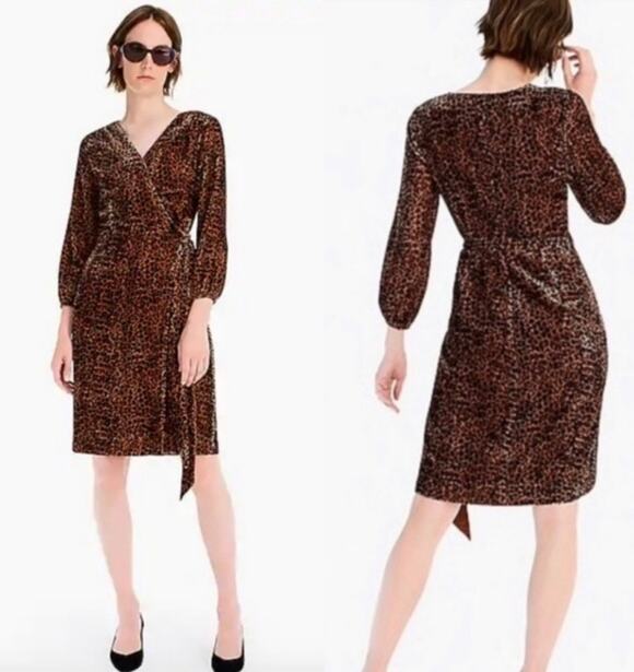 J. Crew Dresses & Skirts - J. Crew Leopard Velvet Wrap Dress Women's Size 8 Brown Animal Fall